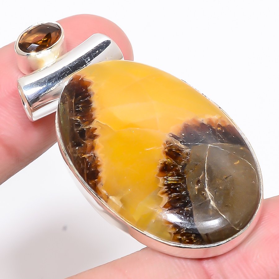 Septarian Stone & Smoky Quartz 925 Sterling Silver Pendant, Handmade Pendant, Oval Pendant, Brown Pendant, Unique Silver Pendant, Fine Pendant, Silver Jewelry Pendant