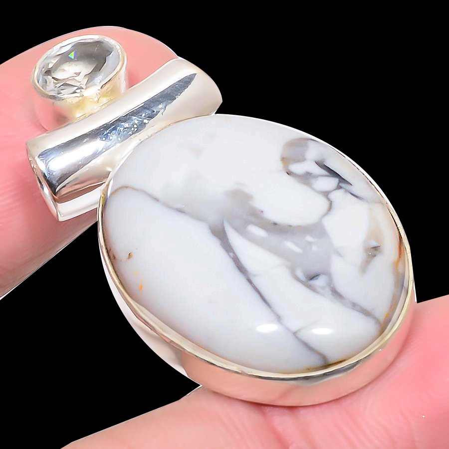 Howlite & White Topaz 925 Sterling Silver Pendant, Handmade Pendant, Oval Pendant, White Pendant, Unique Silver Pendant, Fine Pendant, Silver Jewelry Pendant