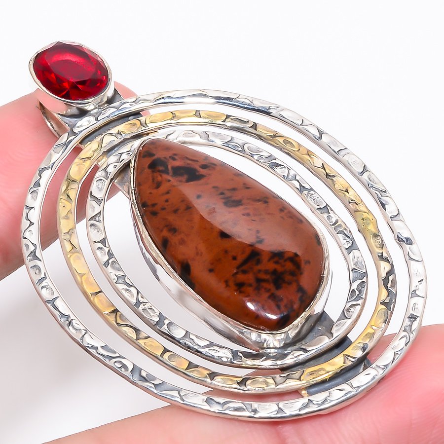 Mahogany Obsidian & Garnet 925 Sterling Silver Pendant, Handmade Pendant, Pear Pendant, Red Pendant, Unique Silver Pendant, Fine Pendant, Silver Jewelry Pendant