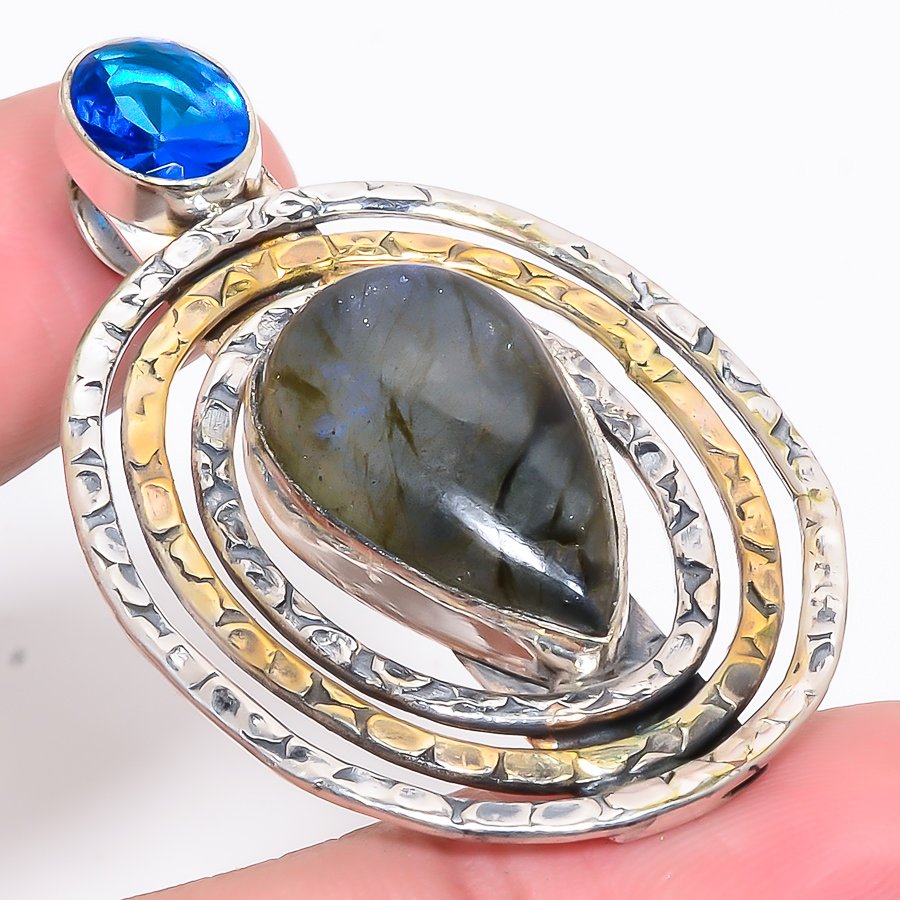 Labradorite & Blue Topaz 925 Sterling Silver Pendant, Handmade Pendant, Pear Pendant, Black Pendant, Unique Silver Pendant, Fine Pendant, Silver Jewelry Pendant