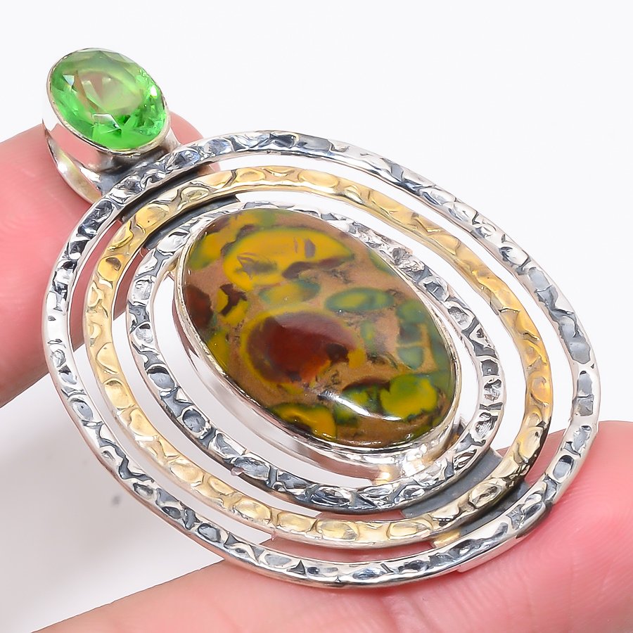 Rhyolite Jasper & Peridot 925 Sterling Silver Pendant, Handmade Pendant, Oval Pendant, Green Pendant, Unique Silver Pendant, Fine Pendant, Silver Jewelry Pendant