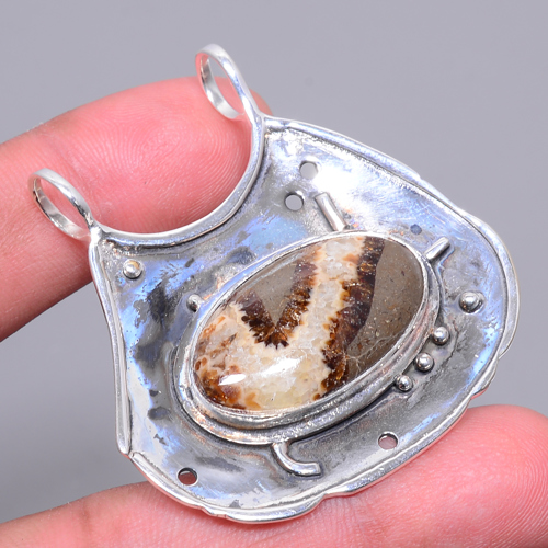 Septerian Stone 925 Sterling Silver Pendant, Handmade Pendant, Oval Pendant, Brown Pendant, Unique Silver Pendant, Fine Pendant, Silver Jewelry Pendant