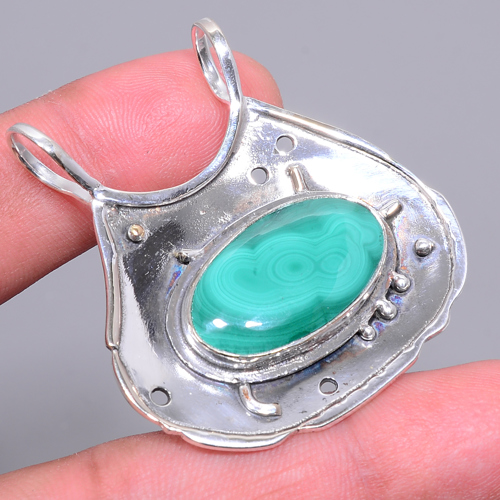Malachite 925 Sterling Silver Pendant, Handmade Pendant, Oval Pendant, Green Pendant, Unique Silver Pendant, Fine Pendant, Silver Jewelry Pendant