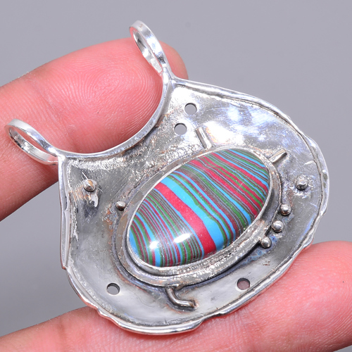 Rainbow Calsilica 925 Sterling Silver Pendant, Handmade Pendant, Oval Pendant, Yellow Pendant, Unique Silver Pendant, Fine Pendant, Silver Jewelry Pendant