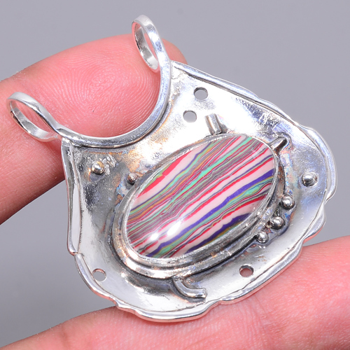 Rainbow Calsilica 925 Sterling Silver Pendant, Handmade Pendant, Oval Pendant, Red Pendant, Unique Silver Pendant, Fine Pendant, Silver Jewelry Pendant