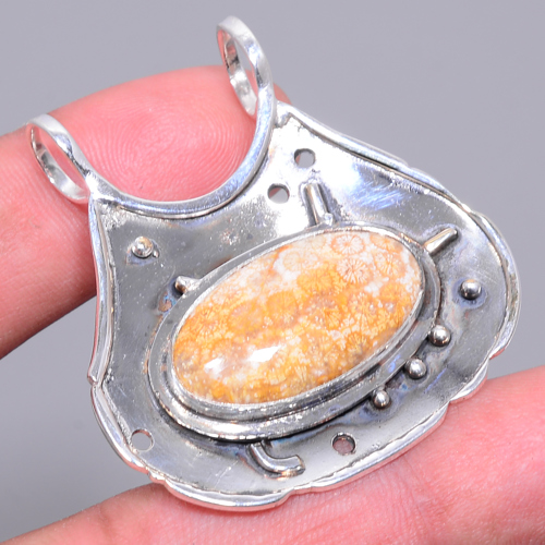 Fossil Coral 925 Sterling Silver Pendant, Handmade Pendant, Oval Pendant, Yellow Pendant, Unique Silver Pendant, Fine Pendant, Silver Jewelry Pendant