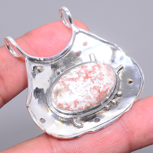 Rosetta Jasper 925 Sterling Silver Pendant, Handmade Pendant, Oval Pendant, Orange Pendant, Unique Silver Pendant, Fine Pendant, Silver Jewelry Pendant