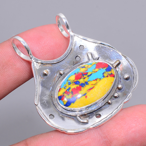 Mosaic Balloon Jasper 925 Sterling Silver Pendant, Handmade Pendant, Oval Pendant, Yellow Pendant, Unique Silver Pendant, Fine Pendant, Silver Jewelry Pendant