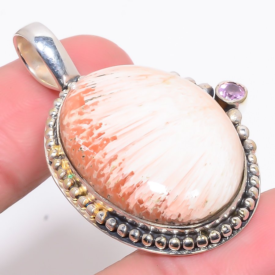 Scolecite & Rose Quartz 925 Sterling Silver Pendant, Handmade Pendant, Oval Pendant, Orange Pendant, Unique Silver Pendant, Fine Pendant, Silver Jewelry Pendant