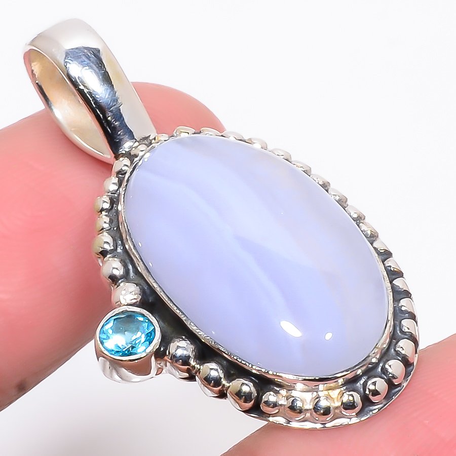 Blue Lace Agate & Blue Topaz 925 Sterling Silver Pendant, Handmade Pendant, Oval Pendant, Blue Pendant, Unique Silver Pendant, Fine Pendant, Silver Jewelry Pendant