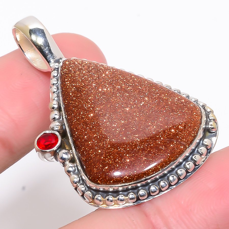 Golden Sunstone & Garnet 925 Sterling Silver Pendant, Handmade Pendant, Trillion Pendant, Golden Pendant, Unique Silver Pendant, Fine Pendant, Silver Jewelry Pendant