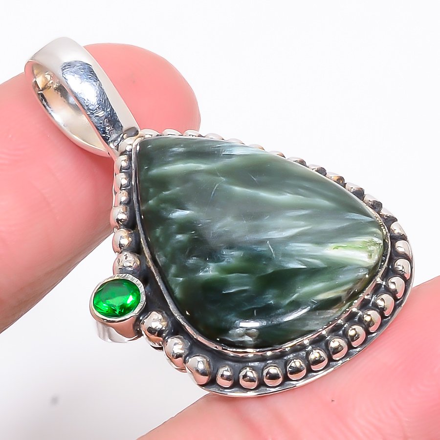 Seraphinite & Chrome Diopside 925 Sterling Silver Pendant, Handmade Pendant, Pear Pendant, Green Pendant, Unique Silver Pendant, Fine Pendant, Silver Jewelry Pendant