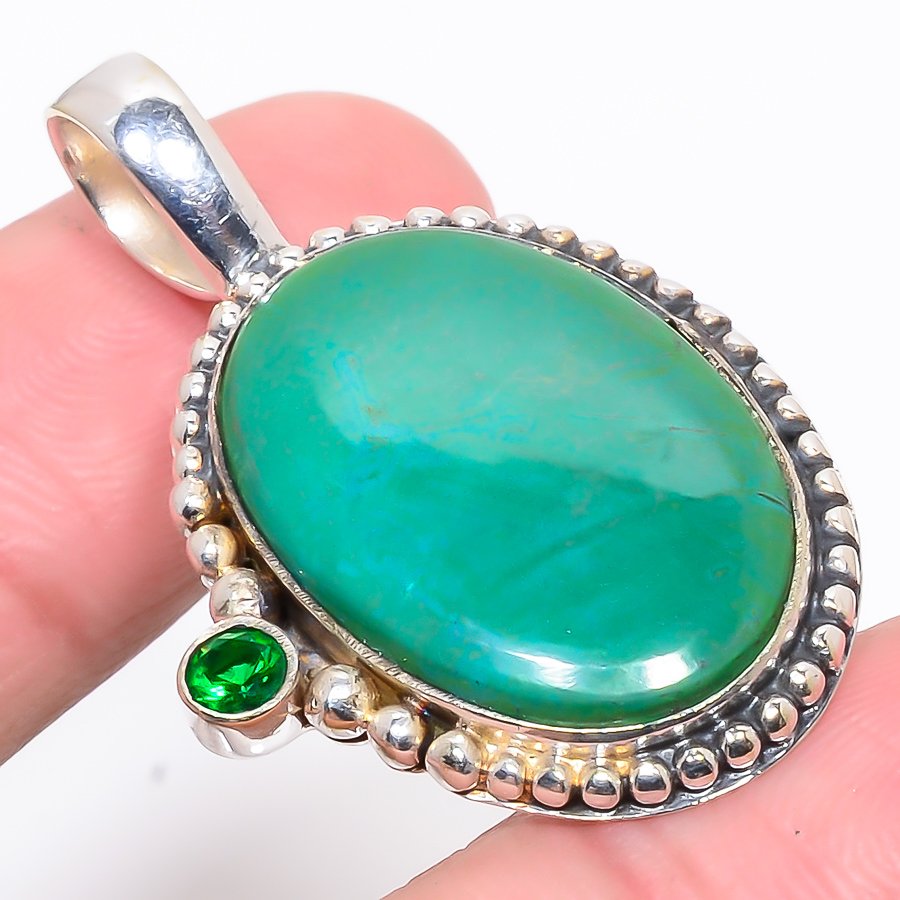 Tibetan Turquoise & Chrome Diopside 925 Sterling Silver Pendant, Handmade Pendant, Oval Pendant, Blue Pendant, Unique Silver Pendant, Fine Pendant, Silver Jewelry Pendant