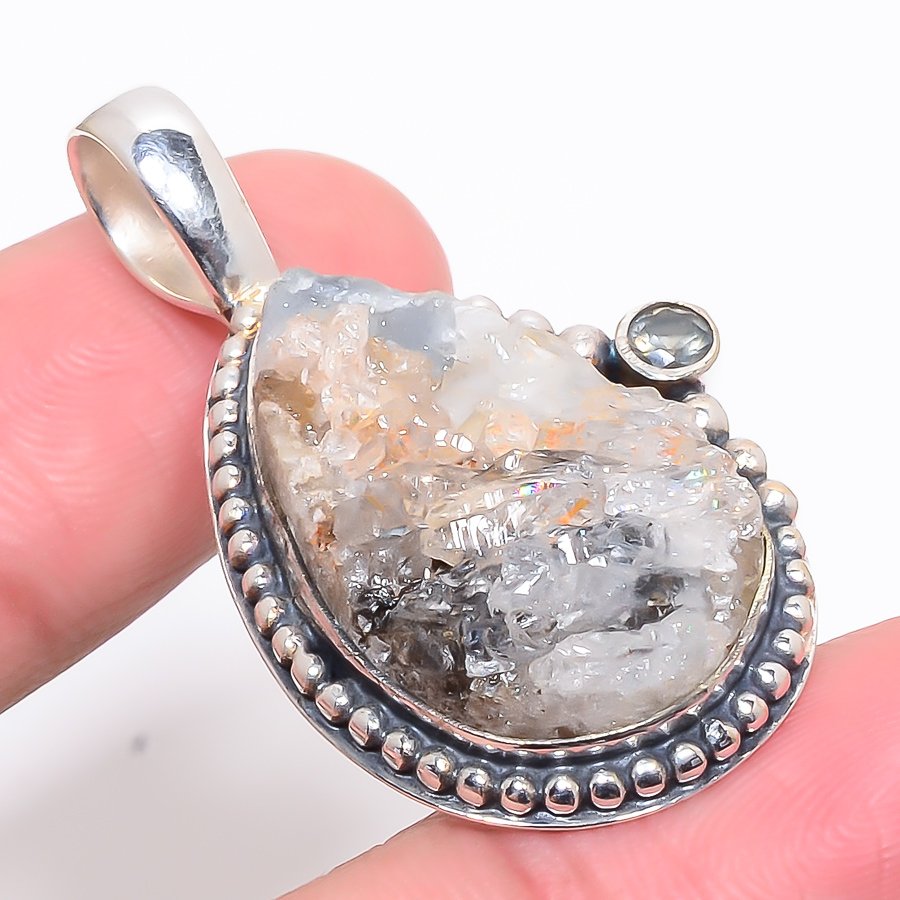 Desert Rose Drusy & White Topaz 925 Sterling Silver Pendant, Handmade Pendant, Pear Pendant, Silver Pendant, Unique Silver Pendant, Fine Pendant, Silver Jewelry Pendant