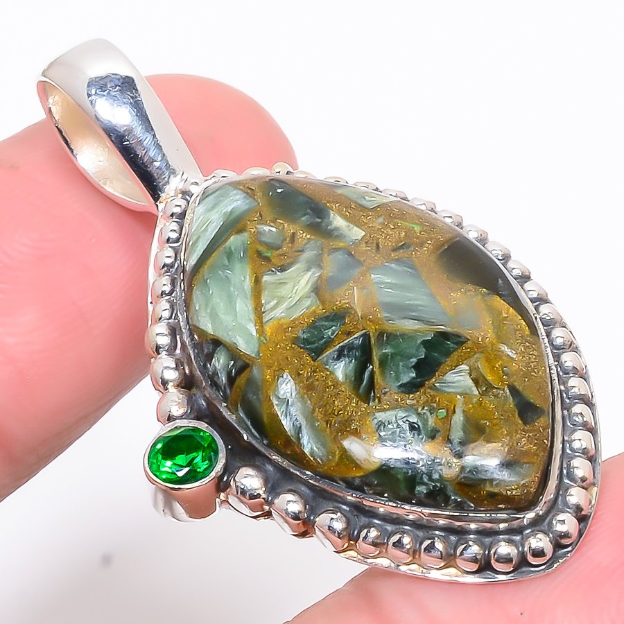 Copper Seraphinite & Chrome Diopside 925 Sterling Silver Pendant, Handmade Pendant, Marquise Pendant, Green Pendant, Unique Silver Pendant, Fine Pendant, Silver Jewelry Pendant