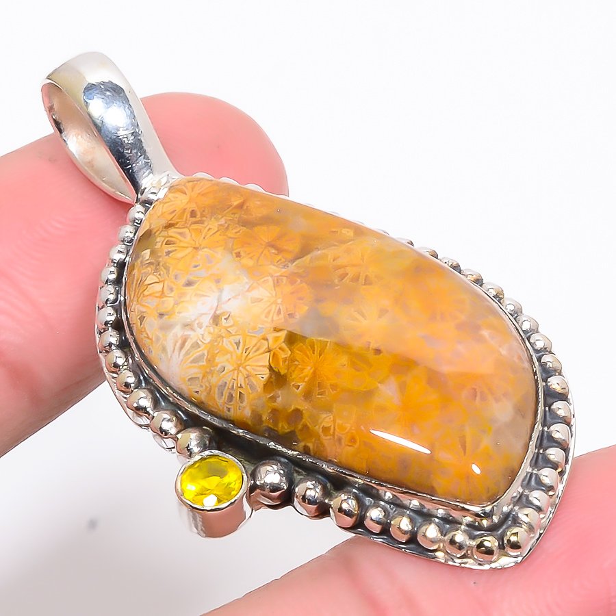 Fossil Coral & Lemon Topaz 925 Sterling Silver Pendant, Handmade Pendant, Fancy Pendant, Yellow Pendant, Unique Silver Pendant, Fine Pendant, Silver Jewelry Pendant