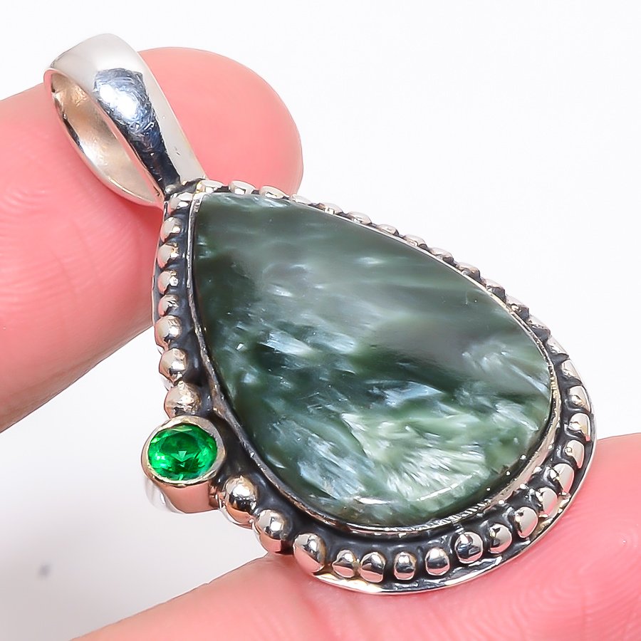 Seraphinite & Chrome Diopside 925 Sterling Silver Pendant, Handmade Pendant, Pear Pendant, Green Pendant, Unique Silver Pendant, Fine Pendant, Silver Jewelry Pendant
