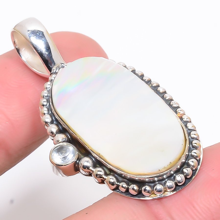 Mother Of Pearl & White Topaz 925 Sterling Silver Pendant, Handmade Pendant, Oval Pendant, White Pendant, Unique Silver Pendant, Fine Pendant, Silver Jewelry Pendant