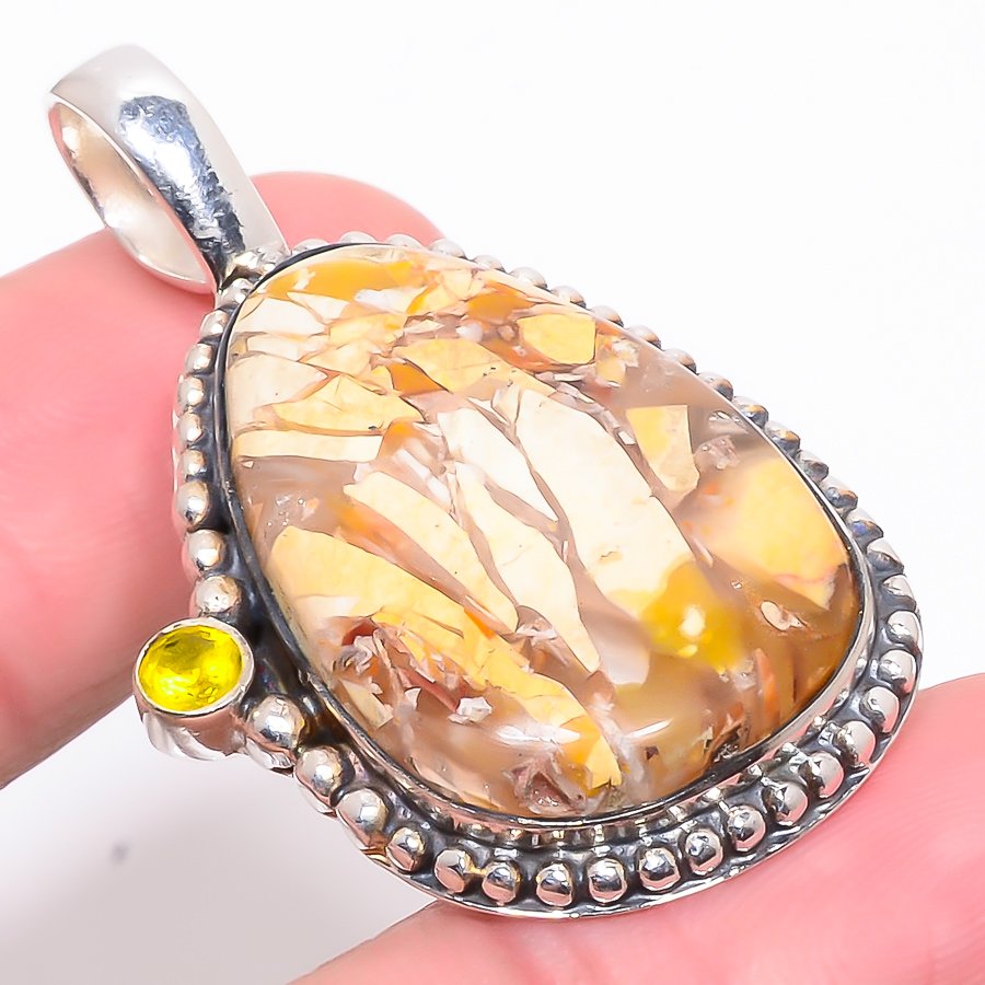 Brecciated Mookaite & Citrine 925 Sterling Silver Pendant, Handmade Pendant, Pear Pendant, Yellow Pendant, Unique Silver Pendant, Fine Pendant, Silver Jewelry Pendant