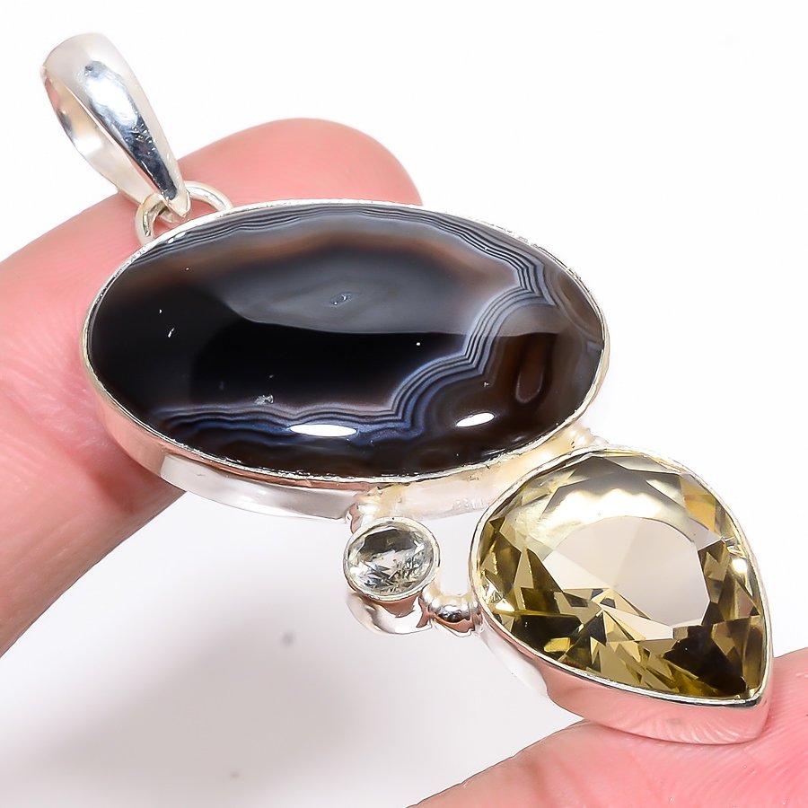 Botswana Lace Agate & Smoky Quartz 925 Sterling Silver Pendant, Handmade Pendant, Oval Pendant, B;ack Pendant, Unique Silver Pendant, Fine Pendant, Silver Jewelry Pendant