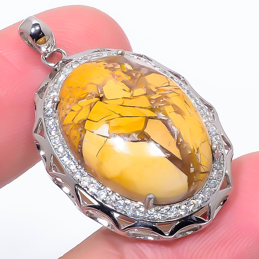 Brecciated Mookaite & Cz 925 Sterling Silver Pendant, Handmade Pendant, Oval Pendant, Yellow Pendant, Unique Silver Pendant, Fine Pendant, Silver Jewelry Pendant