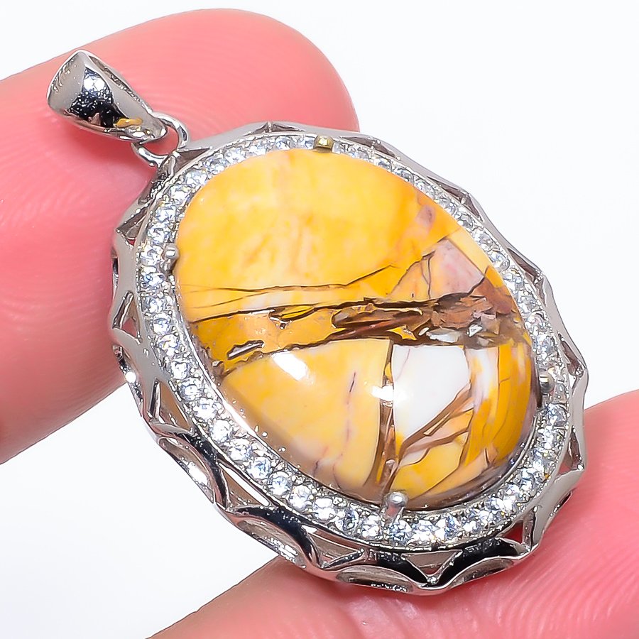 Brecciated Mookaite & Cz 925 Sterling Silver Pendant, Handmade Pendant, Oval Pendant, Yellow Pendant, Unique Silver Pendant, Fine Pendant, Silver Jewelry Pendant