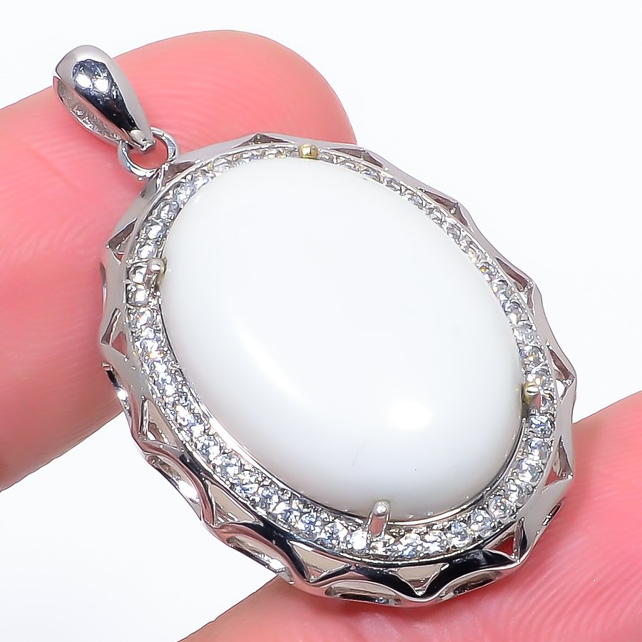 White Coral & Cz 925 Sterling Silver Pendant, Handmade Pendant, Oval Pendant, White Pendant, Unique Silver Pendant, Fine Pendant, Silver Jewelry Pendant