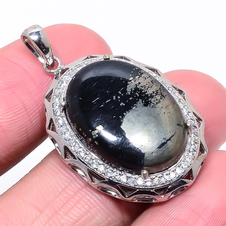 Magnesite Pyrite & White Topaz 925 Sterling Silver Pendant, Handmade Pendant, Oval Pendant, Gold & Black Pendant, Unique Silver Pendant, Fine Pendant, Silver Jewelry Pendant