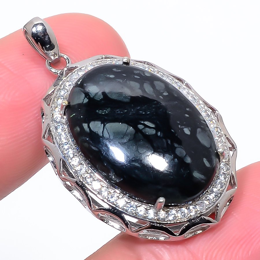 Picasso Jasper & Cz 925 Sterling Silver Pendant, Handmade Pendant, Oval Pendant, Black Pendant, Unique Silver Pendant, Fine Pendant, Silver Jewelry Pendant