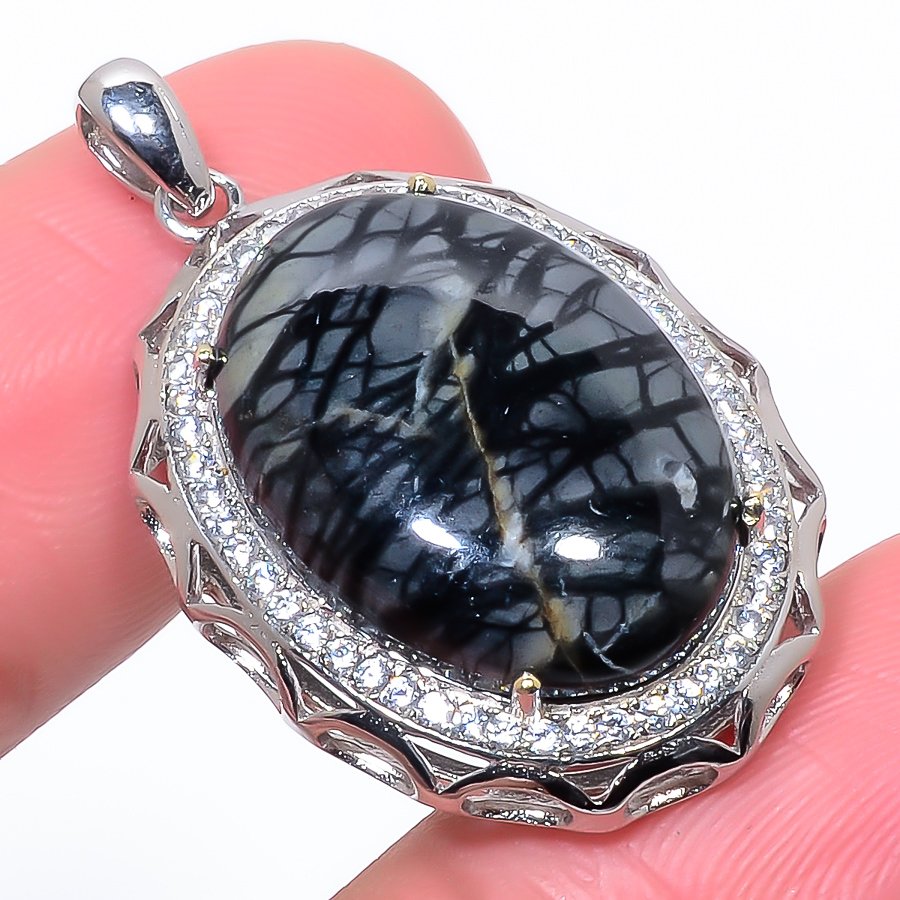 Picasso Jasper & Cz 925 Sterling Silver Pendant, Handmade Pendant, Oval Pendant, Black Pendant, Unique Silver Pendant, Fine Pendant, Silver Jewelry Pendant