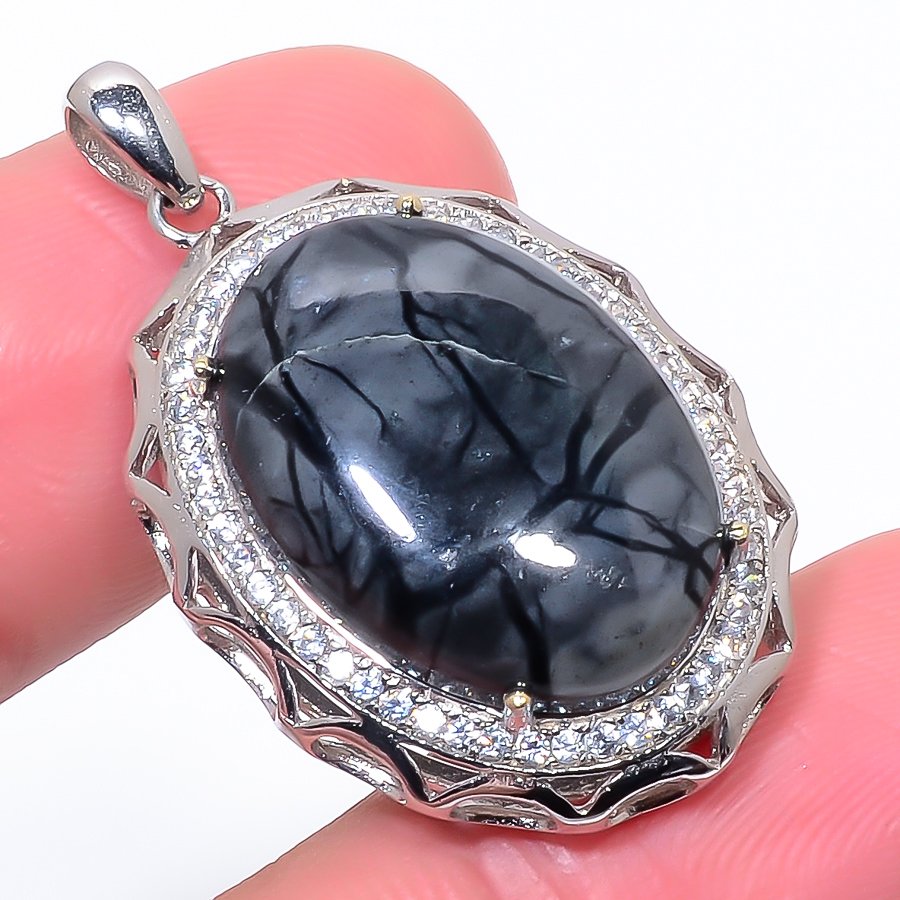 Picasso Jasper & Cz 925 Sterling Silver Pendant, Handmade Pendant, Oval Pendant, Black Pendant, Unique Silver Pendant, Fine Pendant, Silver Jewelry Pendant