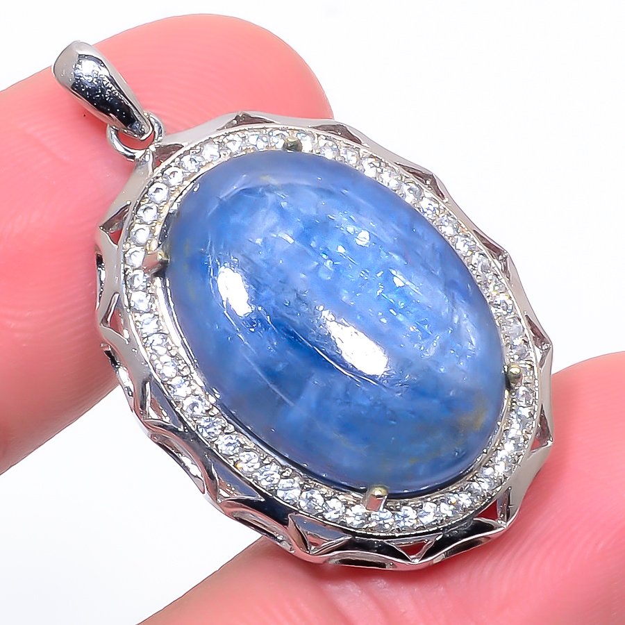 Kyanite & Cz 925 Sterling Silver Pendant, Handmade Pendant, Oval Pendant, Blue Pendant, Unique Silver Pendant, Fine Pendant, Silver Jewelry Pendant