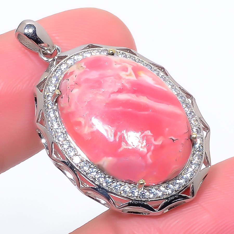 Rhodochrosite & Cz 925 Sterling Silver Pendant, Handmade Pendant, Oval Pendant, Pink Pendant, Unique Silver Pendant, Fine Pendant, Silver Jewelry Pendant