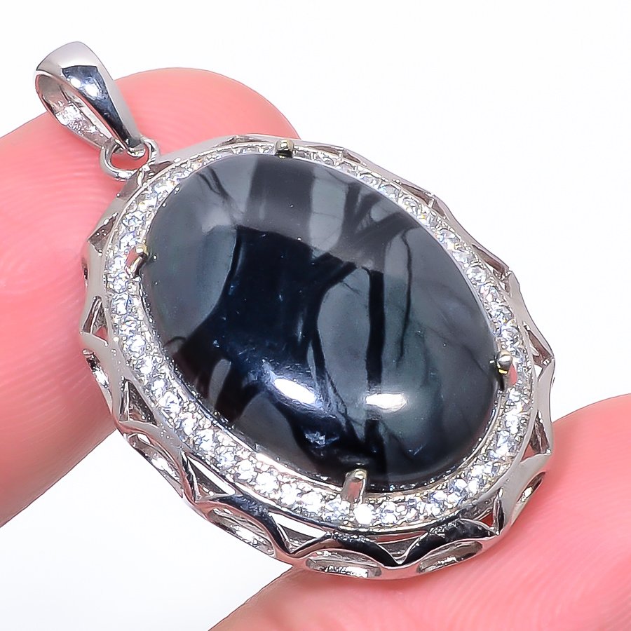 Picasso Jasper & Cz 925 Sterling Silver Pendant, Handmade Pendant, Oval Pendant, Black Pendant, Unique Silver Pendant, Fine Pendant, Silver Jewelry Pendant
