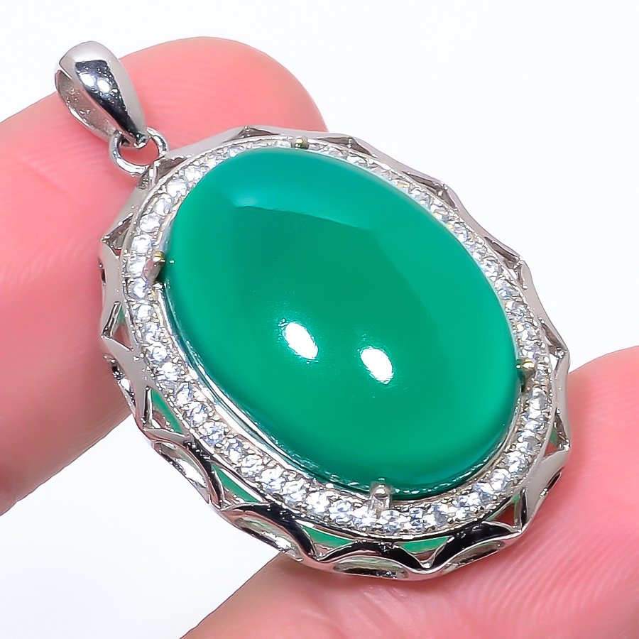 Green Onyx & Cz 925 Sterling Silver Pendant, Handmade Pendant, Oval Pendant, Green Pendant, Unique Silver Pendant, Fine Pendant, Silver Jewelry Pendant