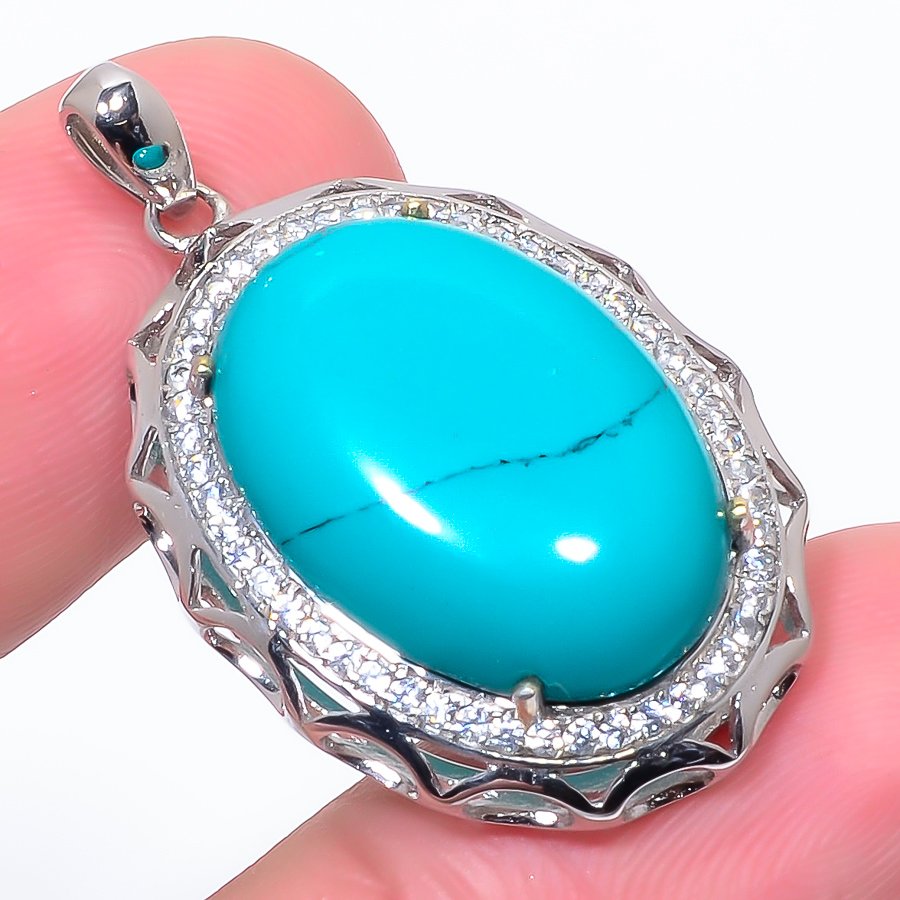Santa Rosa Turquoise & Cz 925 Sterling Silver Pendant, Handmade Pendant, Oval Pendant, Blue Pendant, Unique Silver Pendant, Fine Pendant, Silver Jewelry Pendant