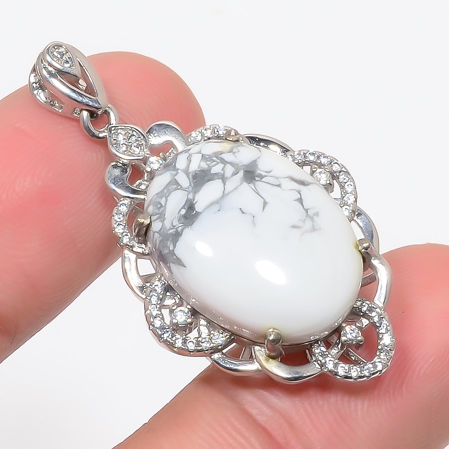 Howlite & Cz 925 Sterling Silver Pendant, Handmade Pendant, Oval Pendant, White Pendant, Unique Silver Pendant, Fine Pendant, Silver Jewelry Pendant
