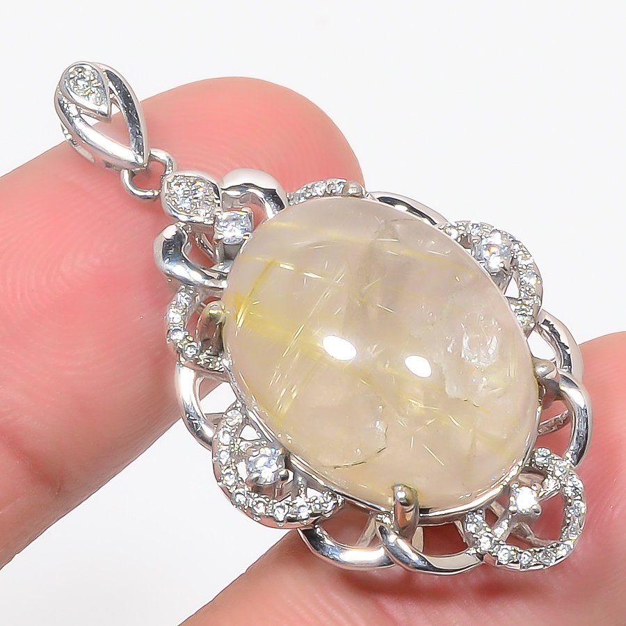 Golden Rutilated Quartz & Cz 925 Sterling Silver Pendant, Handmade Pendant, Oval Pendant, Golden Pendant, Unique Silver Pendant, Fine Pendant, Silver Jewelry Pendant