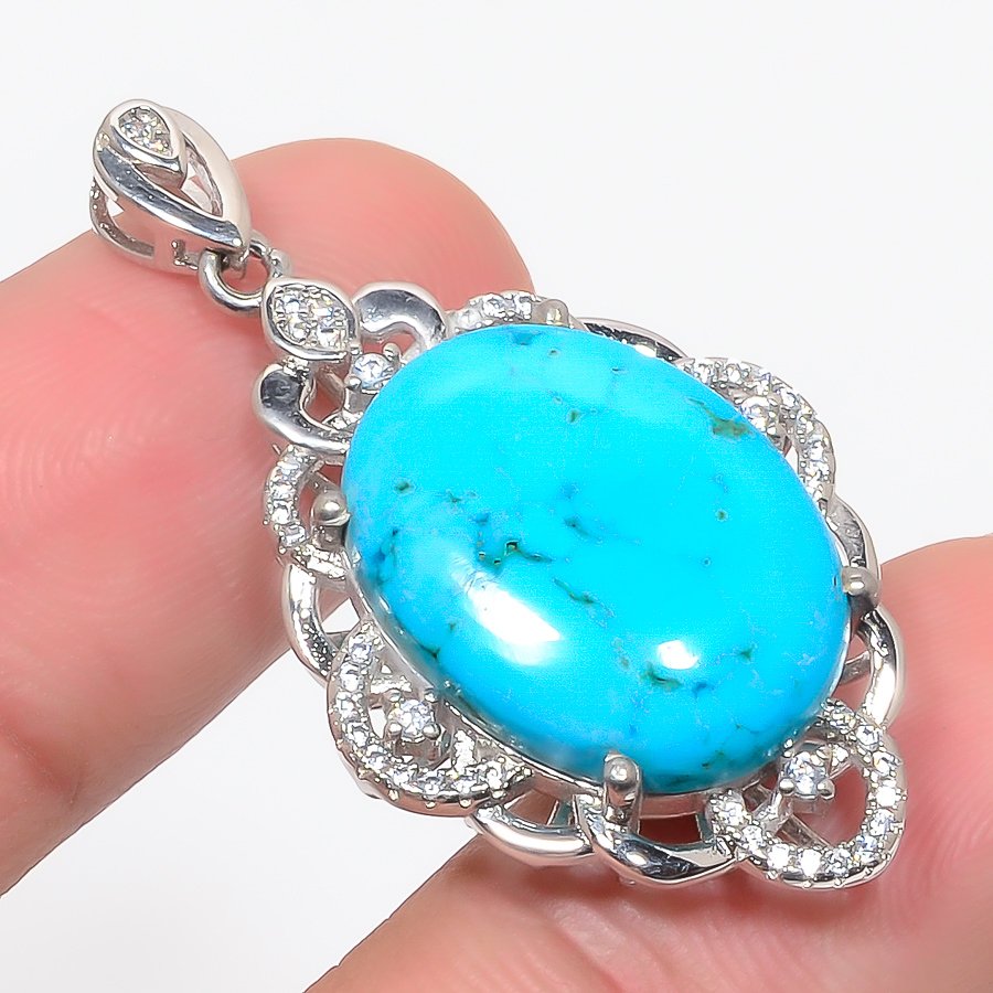Magnesite Turquoise & Cz 925 Sterling Silver Pendant, Handmade Pendant, Oval Pendant, Blue Pendant, Unique Silver Pendant, Fine Pendant, Silver Jewelry Pendant