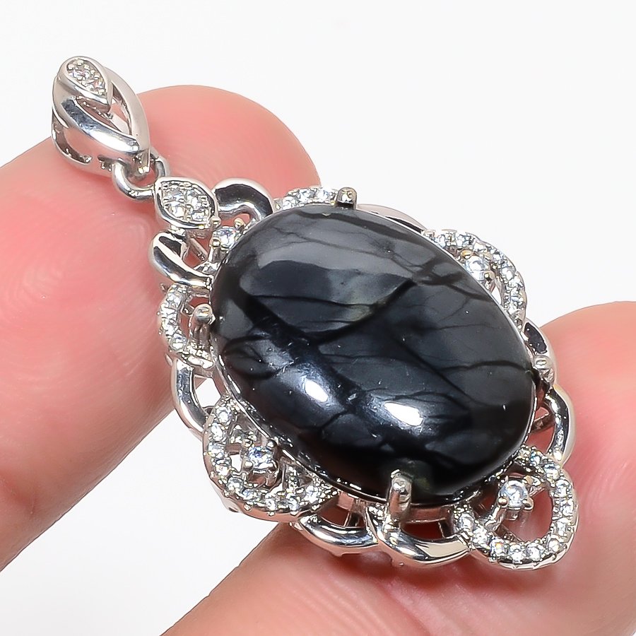 Picasso Jasper & Cz 925 Sterling Silver Pendant, Handmade Pendant, Oval Pendant, Black Pendant, Unique Silver Pendant, Fine Pendant, Silver Jewelry Pendant