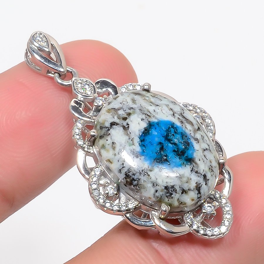 K2 Blue Azurite & Cz 925 Sterling Silver Pendant, Handmade Pendant, Oval Pendant, Blue Pendant, Unique Silver Pendant, Fine Pendant, Silver Jewelry Pendant