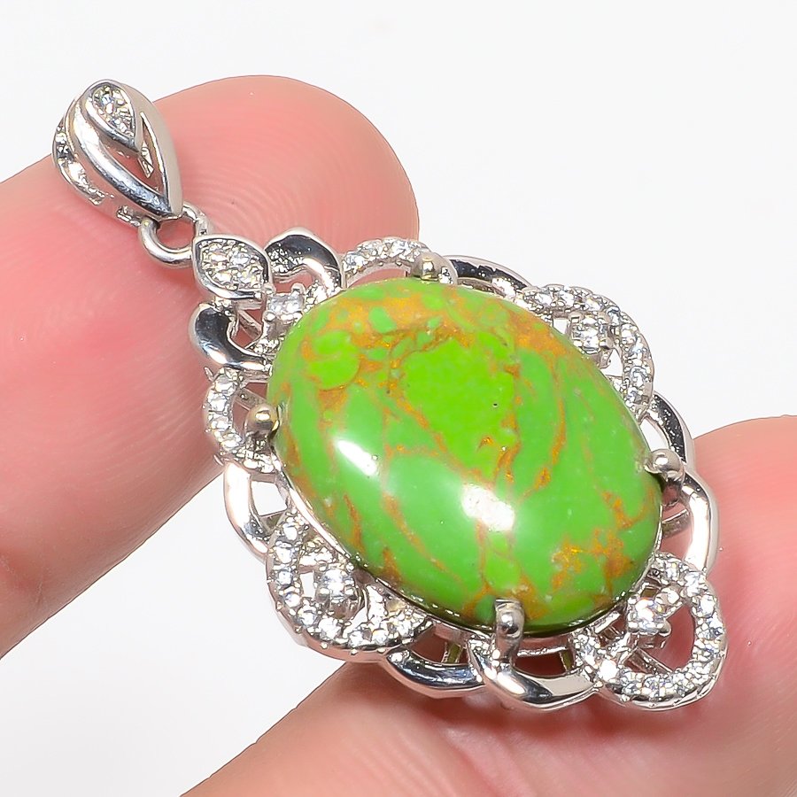 Copper Green Turquoise & Cz 925 Sterling Silver Pendant, Handmade Pendant, Oval Pendant, Green Pendant, Unique Silver Pendant, Fine Pendant, Silver Jewelry Pendant