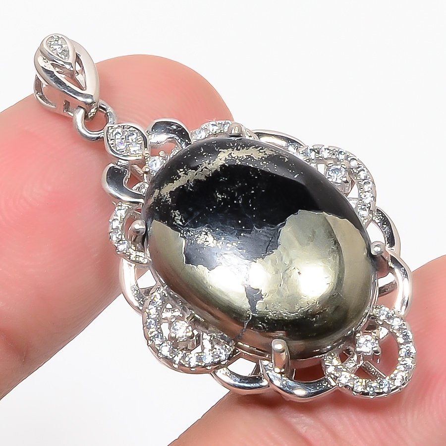Magnesite Pyrite & Cz 925 Sterling Silver Pendant, Handmade Pendant, Oval Pendant, Gold & Black Pendant, Unique Silver Pendant, Fine Pendant, Silver Jewelry Pendant