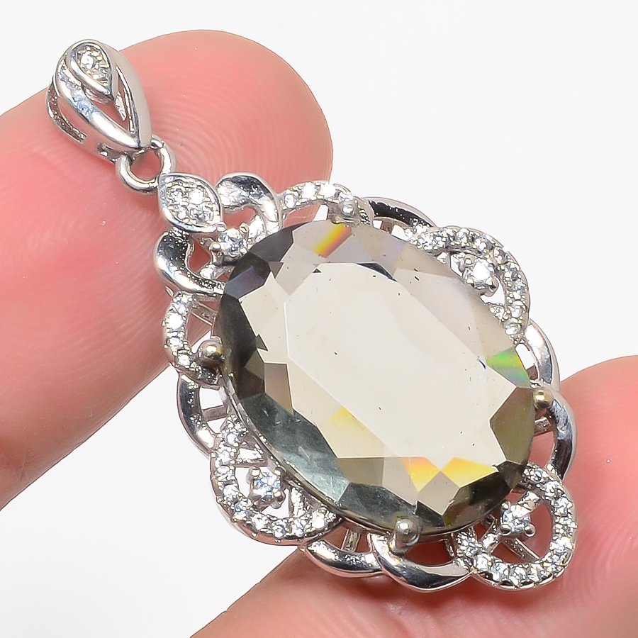 Smoky Quartz & Cz 925 Sterling Silver Pendant, Handmade Pendant, Oval Pendant, Brown Pendant, Unique Silver Pendant, Fine Pendant, Silver Jewelry Pendant