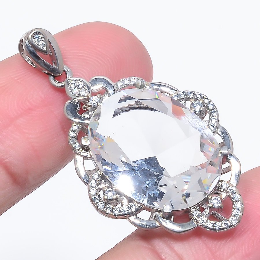 White Topaz & Cz 925 Sterling Silver Pendant, Handmade Pendant, Oval Pendant, White Pendant, Unique Silver Pendant, Fine Pendant, Silver Jewelry Pendant