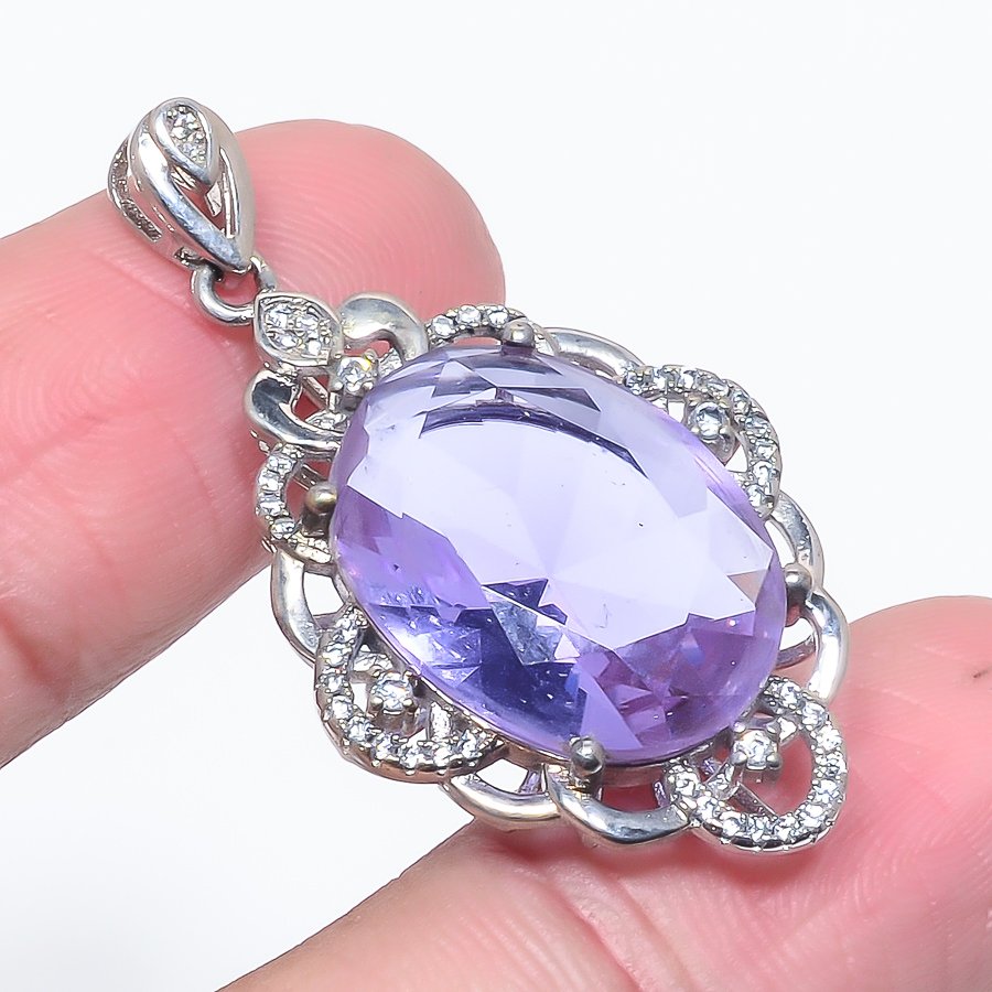 Amethyst & White Topaz 925 Sterling Silver Pendant, Handmade Pendant, Oval Pendant, Purple Pendant, Unique Silver Pendant, Fine Pendant, Silver Jewelry Pendant