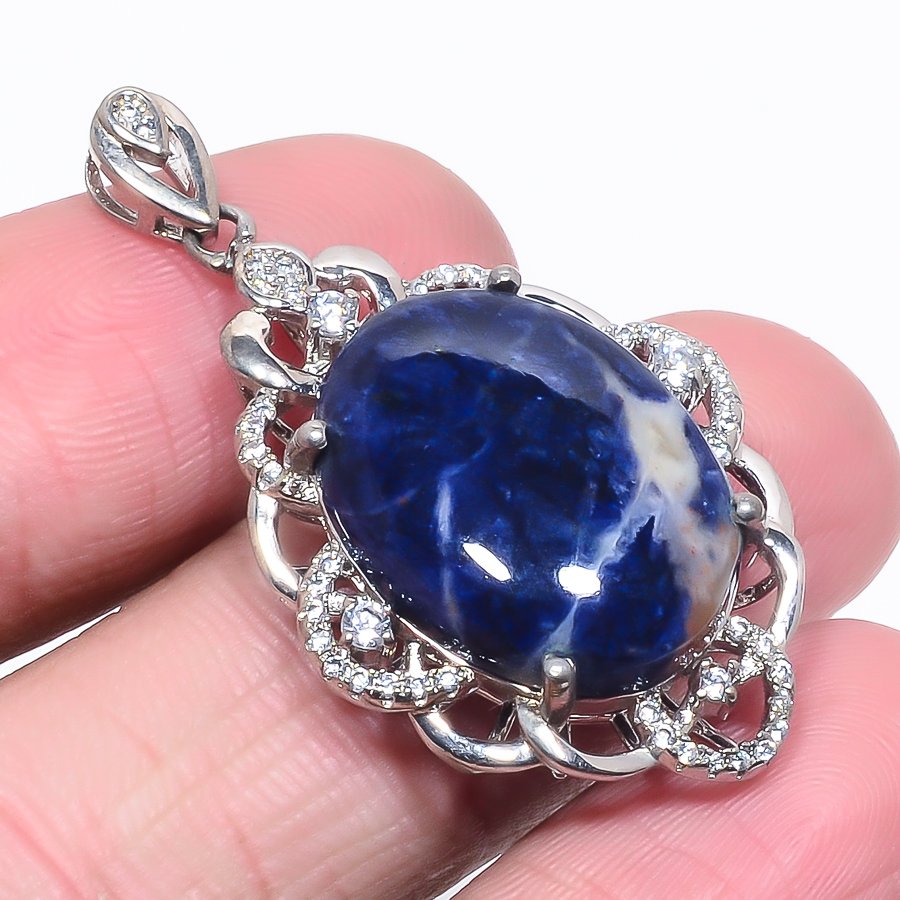 Sodalite & White Topaz 925 Sterling Silver Pendant, Handmade Pendant, Oval Pendant, Blue Pendant, Unique Silver Pendant, Fine Pendant, Silver Jewelry Pendant