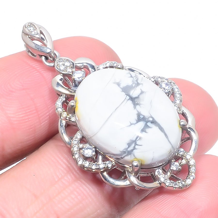 Howlite & White Topaz 925 Sterling Silver Pendant, Handmade Pendant, Oval Pendant, White Pendant, Unique Silver Pendant, Fine Pendant, Silver Jewelry Pendant