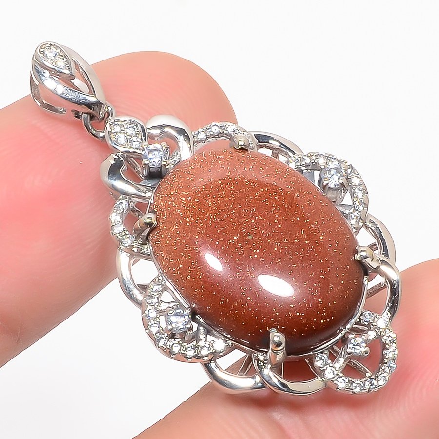 Golden Sunstone & Cz 925 Sterling Silver Pendant, Handmade Pendant, Oval Pendant, Golden Pendant, Unique Silver Pendant, Fine Pendant, Silver Jewelry Pendant