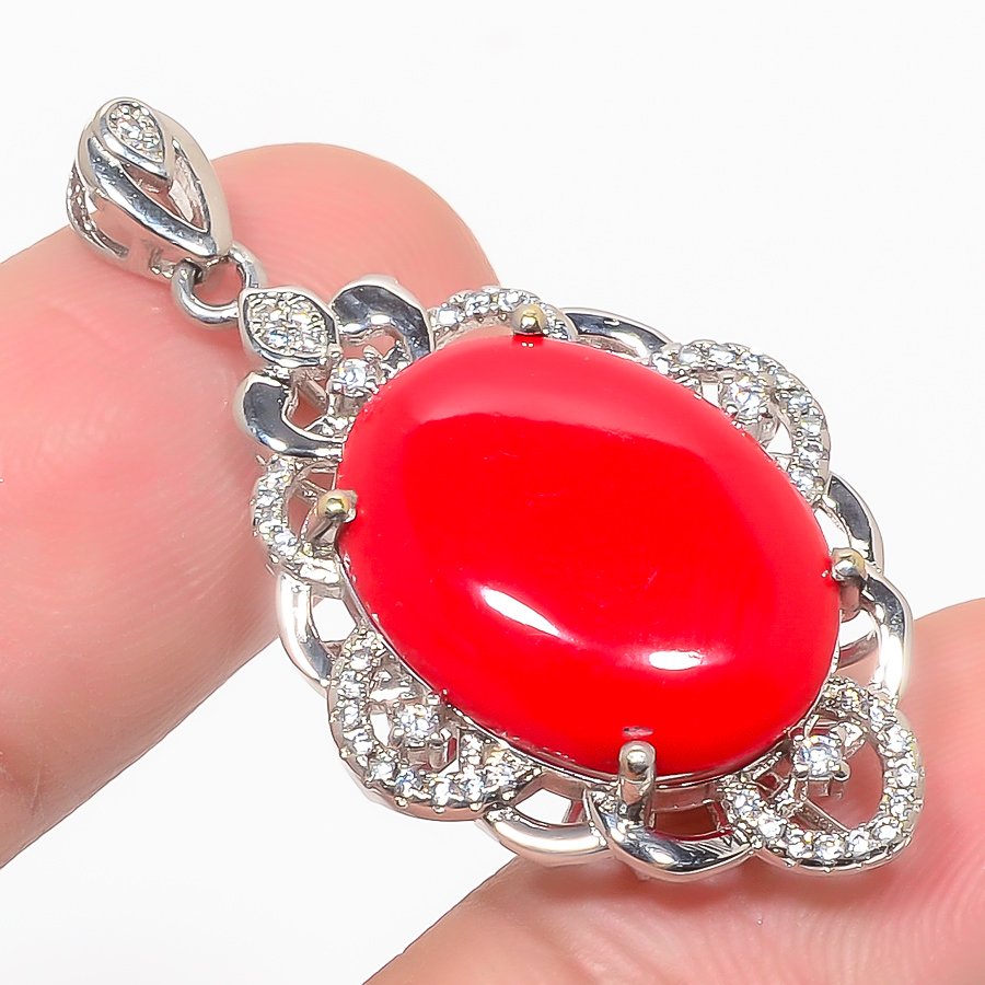 Red Coral & Cz 925 Sterling Silver Pendant, Handmade Pendant, Oval Pendant, Red Pendant, Unique Silver Pendant, Fine Pendant, Silver Jewelry Pendant